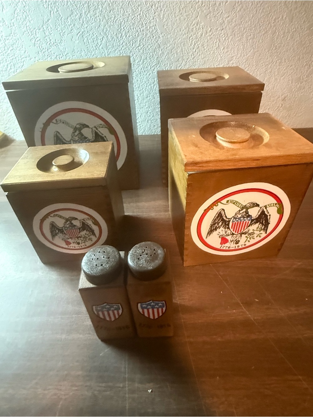 Set 4 Vintage Wooden Nesting Canisters Bicentennial Box w/ S&P shakers. Japan